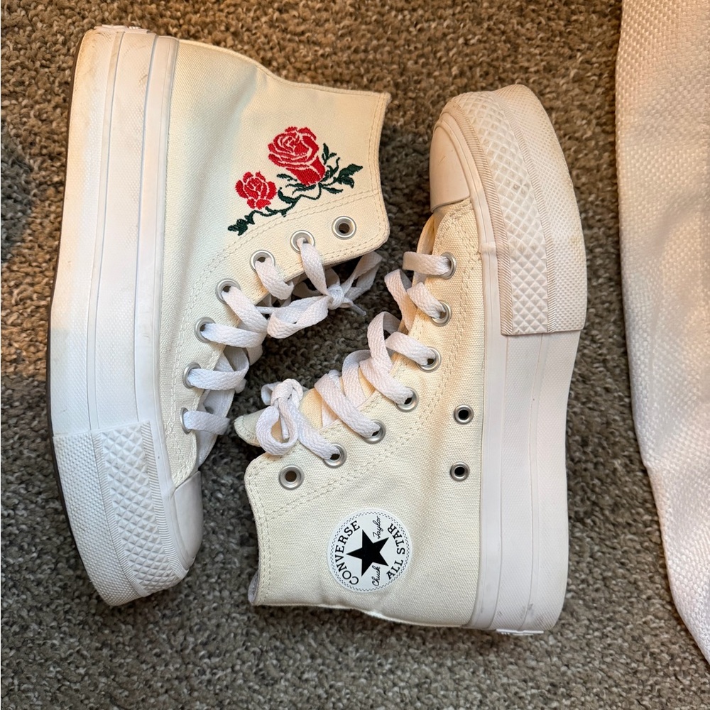 Converse Women's Cream High-Top Sneakers with Red Rose Detail